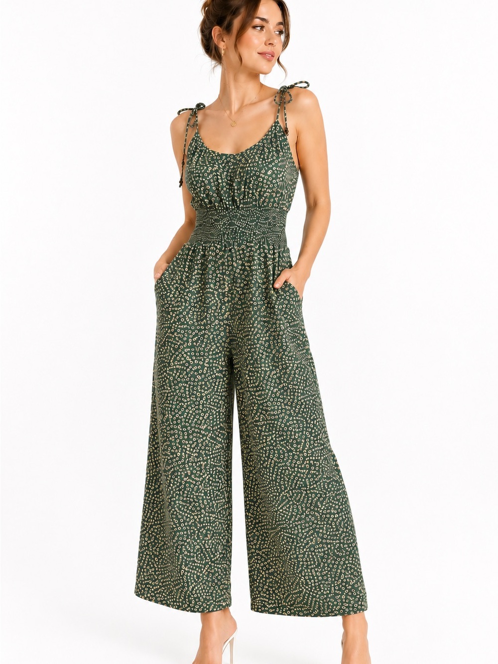 American Eagle Floral Jumpsuit XS Petite Green Wide Leg Smocked Waist - Picture 6 of 6